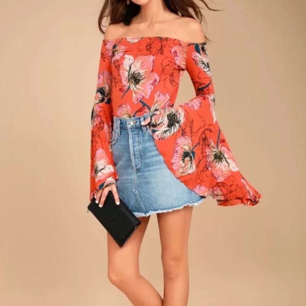 Free People Birds of Paradice Coral Orange Floral Off The Shoulders Bell Sleeve - Picture 2 of 10